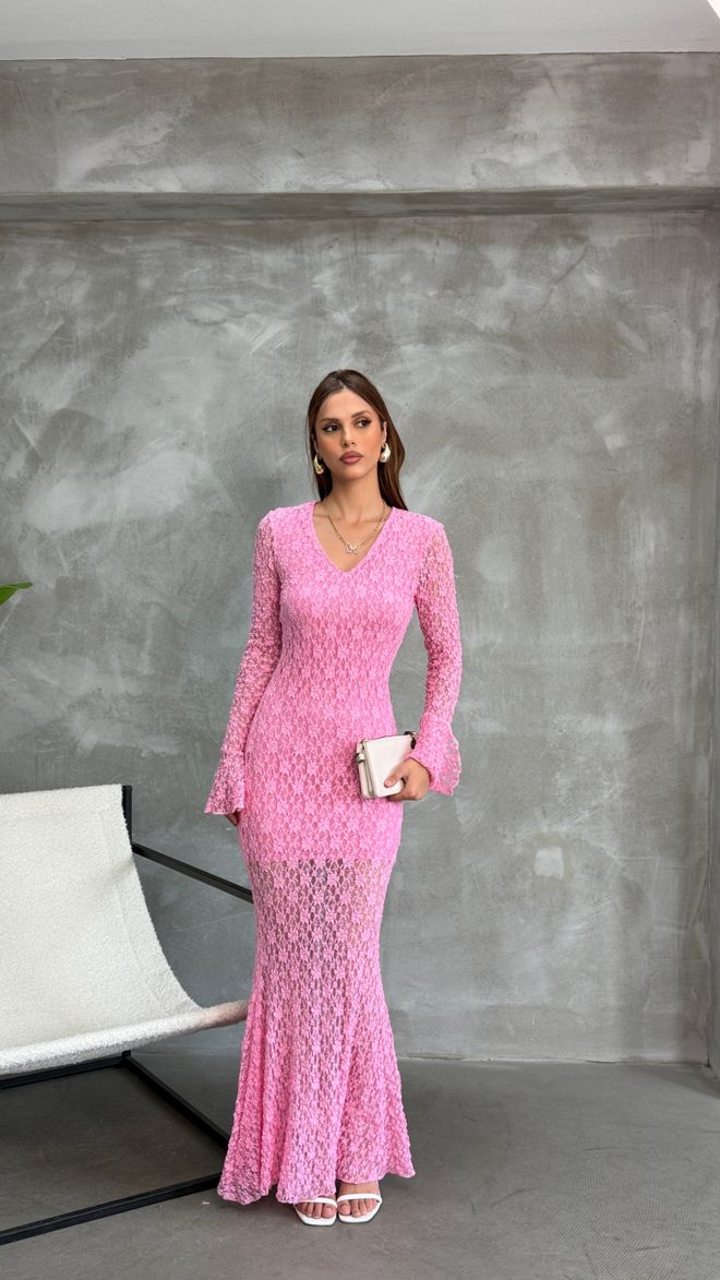 Fiori Elegant Pink Bodycon Dress With V Neck And Long Sleeves Wholesale Clothing 1