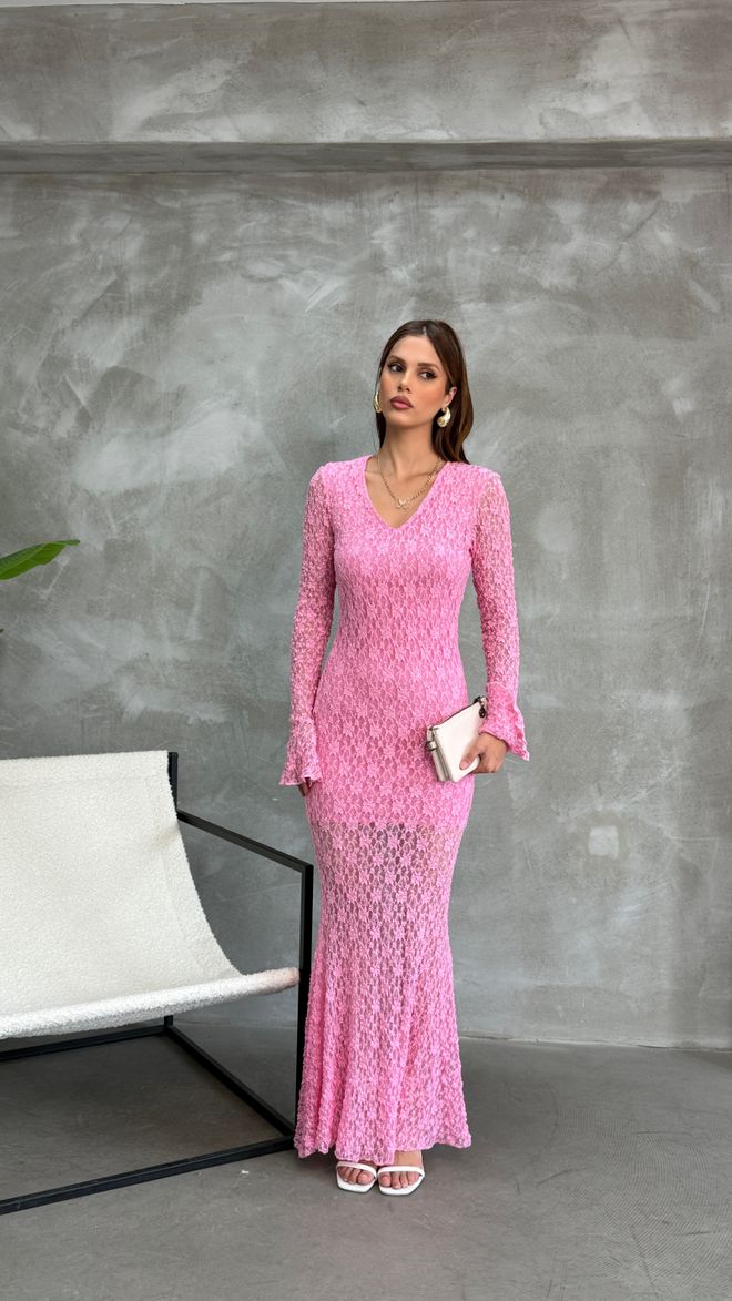 Fiori Elegant Pink Bodycon Dress With V Neck And Long Sleeves Wholesale Clothing Fall