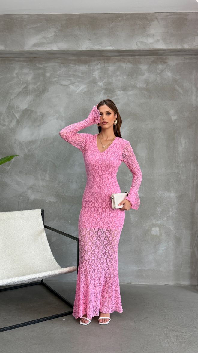 Fiori Elegant Pink Bodycon Dress With V Neck And Long Sleeves Wholesale Clothing Cocktail