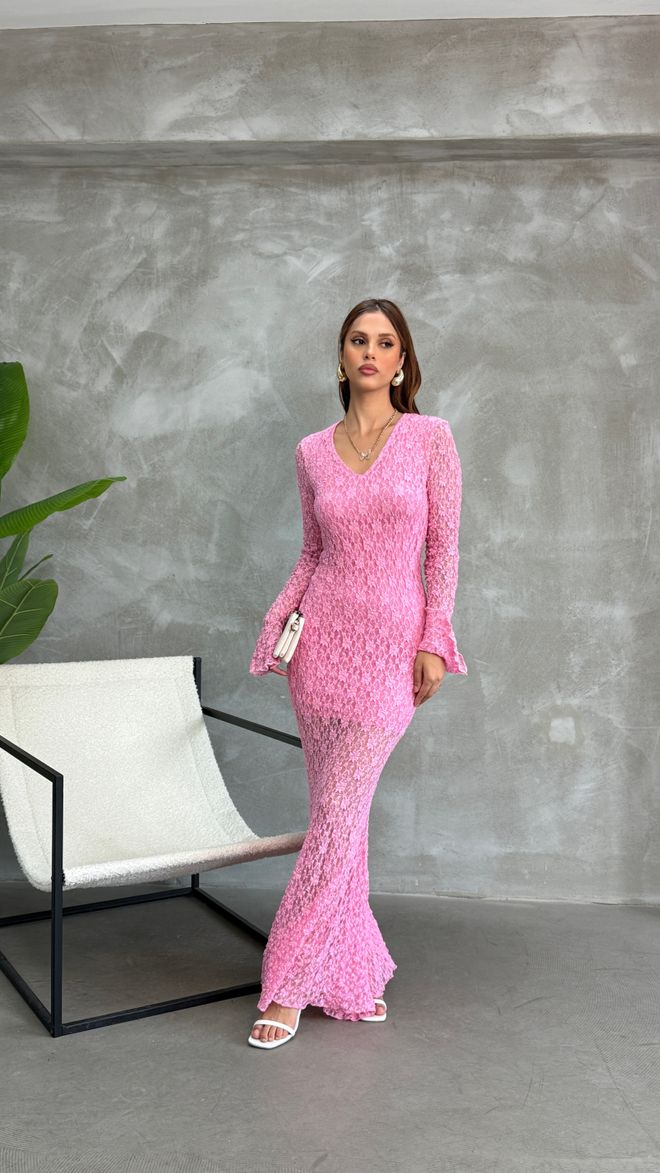 Fiori Elegant Pink Bodycon Dress With V Neck And Long Sleeves Wholesale Clothing Formal