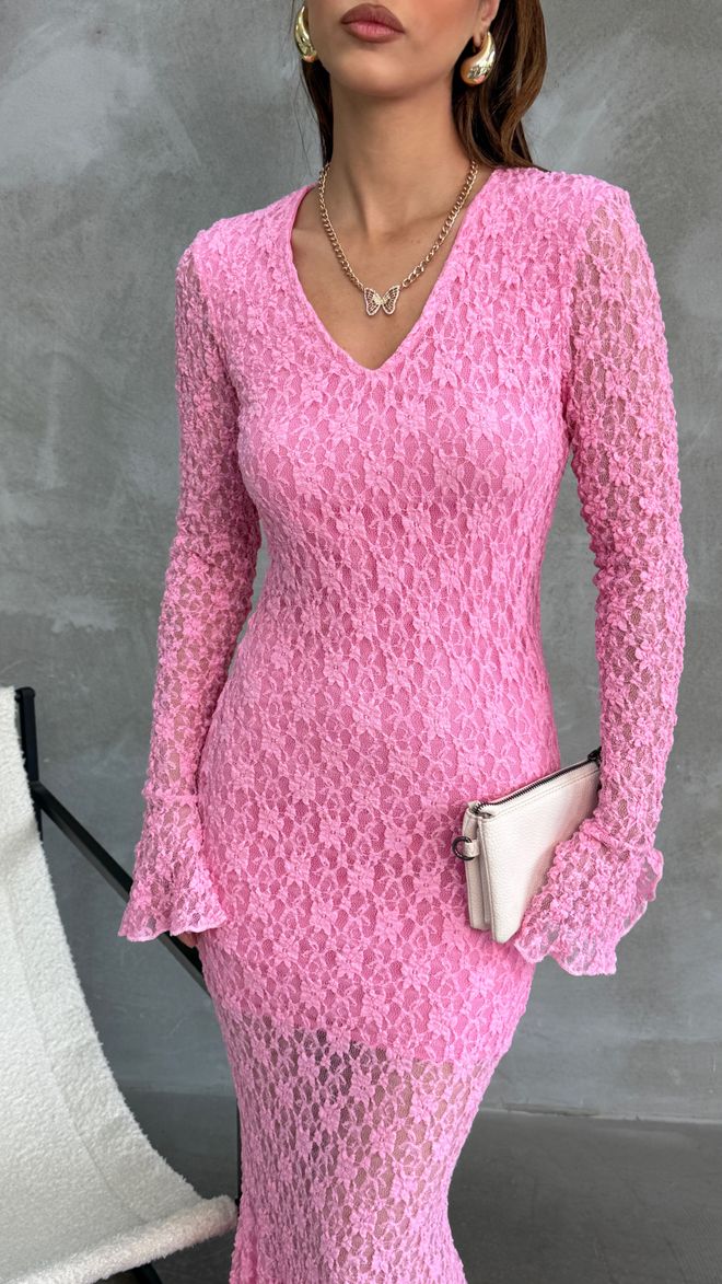 Fiori Elegant Pink Bodycon Dress With V Neck And Long Sleeves Wholesale Clothing 5