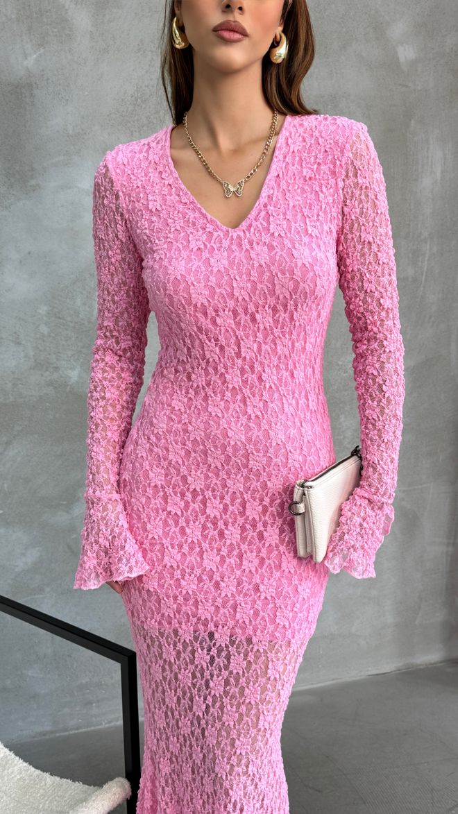 Fiori Elegant Pink Bodycon Dress With V Neck And Long Sleeves Wholesale Clothing Wedding