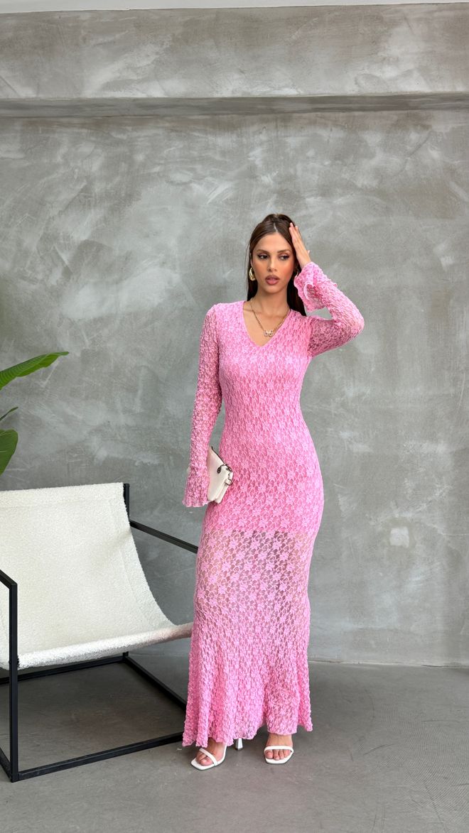 Fiori Elegant Pink Bodycon Dress With V Neck And Long Sleeves Wholesale Clothing 9