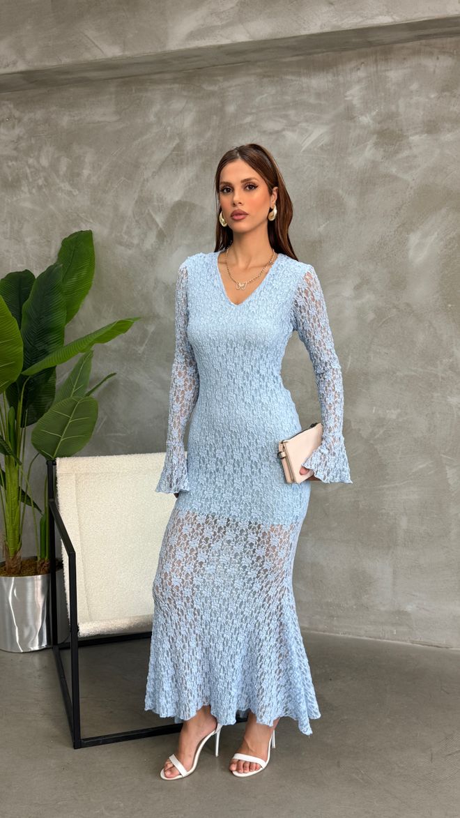 Fiori Elegant Blue Sheath Dress With Bell Sleeves Wholesale Clothing Fall