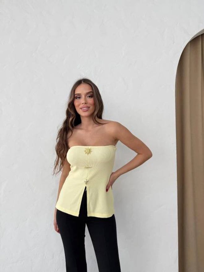 Fiori Jaune Sexy Sans Bretelles Ajusté Crop Top Mancherons Vêtements en gros Décontracté