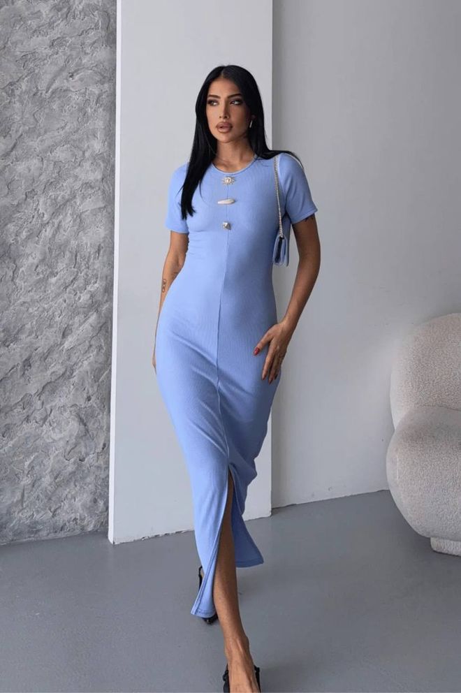 Fiori Μπλε Κομψό Φόρεμα Bodycon Με Κοντά Μανίκια Χονδρικό εμπόριο ενδυμάτων Κομψό