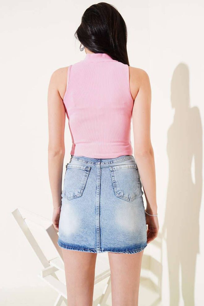 Fiori Crop Top Rose À Encolure Haute Et Mancherons Vêtements en gros Décontracté