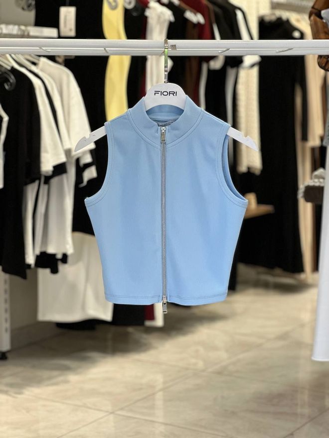 Fiori Crop Top Bleu Coupe Étroit Col Haut Mancherons Vêtements en gros Décontracté