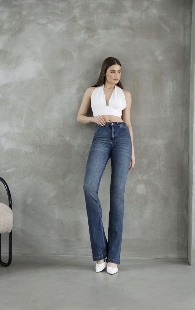 Fiori Blue High Waist Bootcut Flare Leg Pants Wholesale Clothing 1