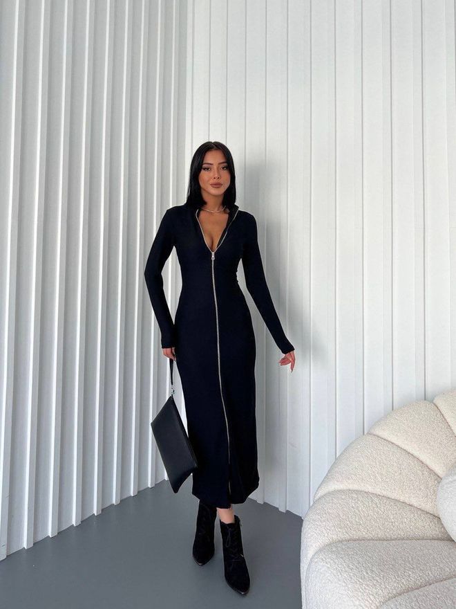 Fiori Black Bodycon Dress With Plunging Neck Wholesale Clothing Casual