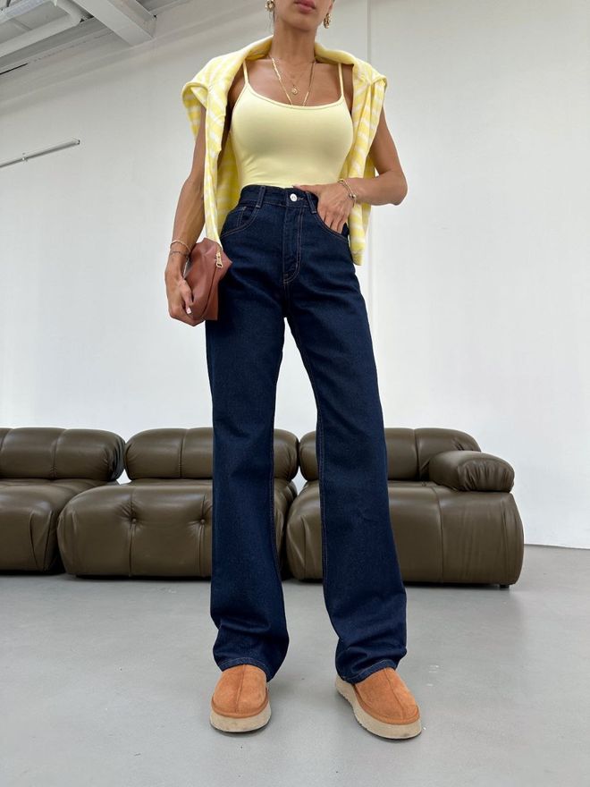 Fiori Сини Ежедневни Винтидж Дънки Mom С Широк Крачол Дрехи на едро Небрежен