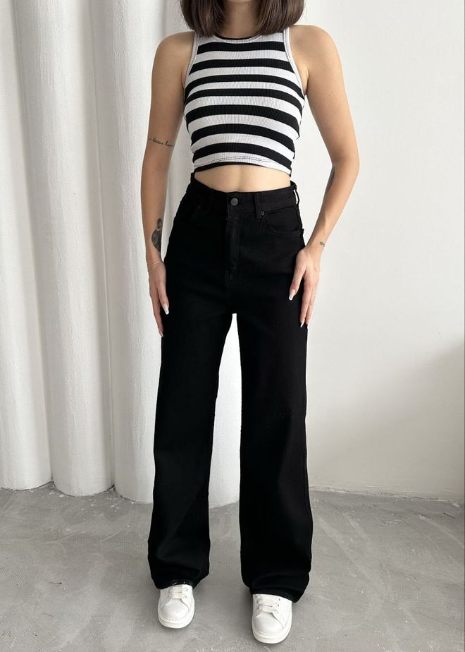 Fiori Čierne Mom Rifle Vysoký Pás Široké Nohavice Na Gombíky Veľkoobchod s oblečením Boho