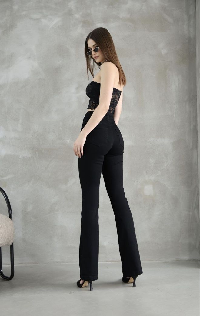 Fiori Jeans Neri Bootcut Gamba Svasata Vita Alta Abbigliamento all'ingrosso Casuale