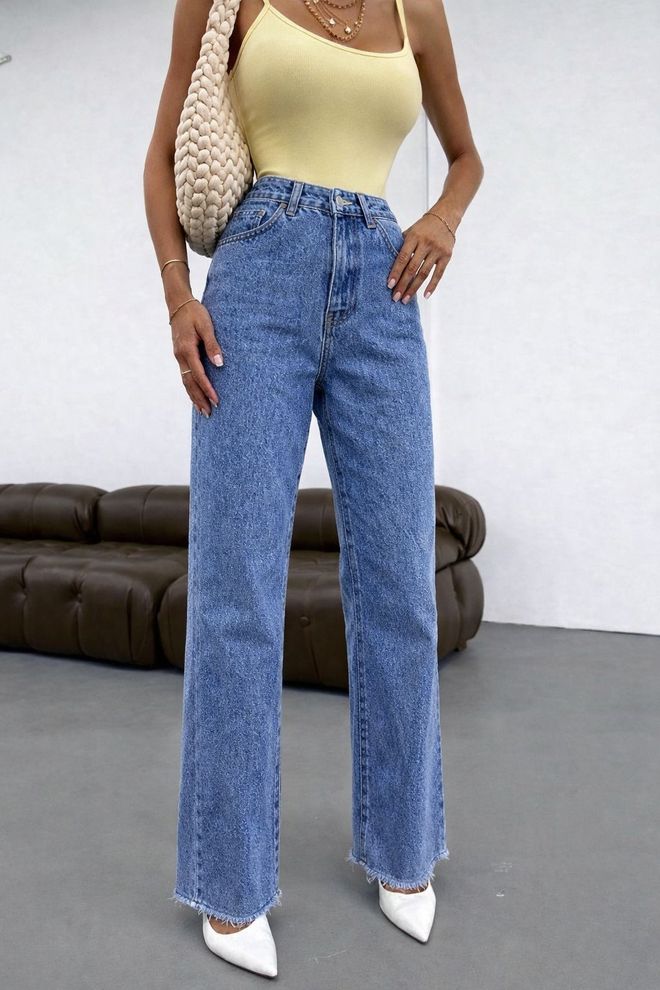 Fiori Jeans Blu Mom Vita Alta Gamba Dritta Abbottonato Abbigliamento all'ingrosso Casuale