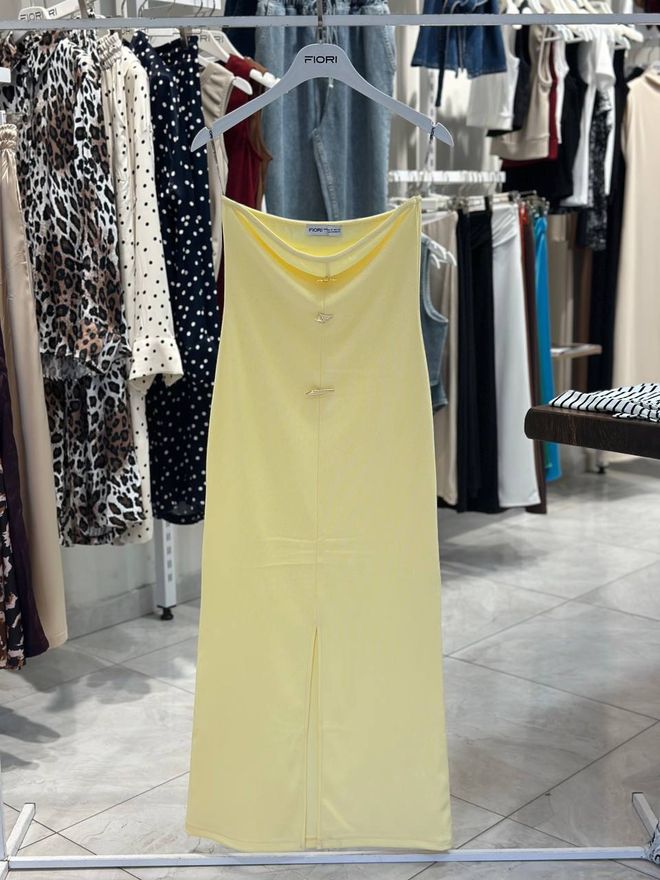 Fiori فستان أصفر أنيق وجنسي على شكل سليب برقبة القلنسوة ملابس بالجملة غير رسمي