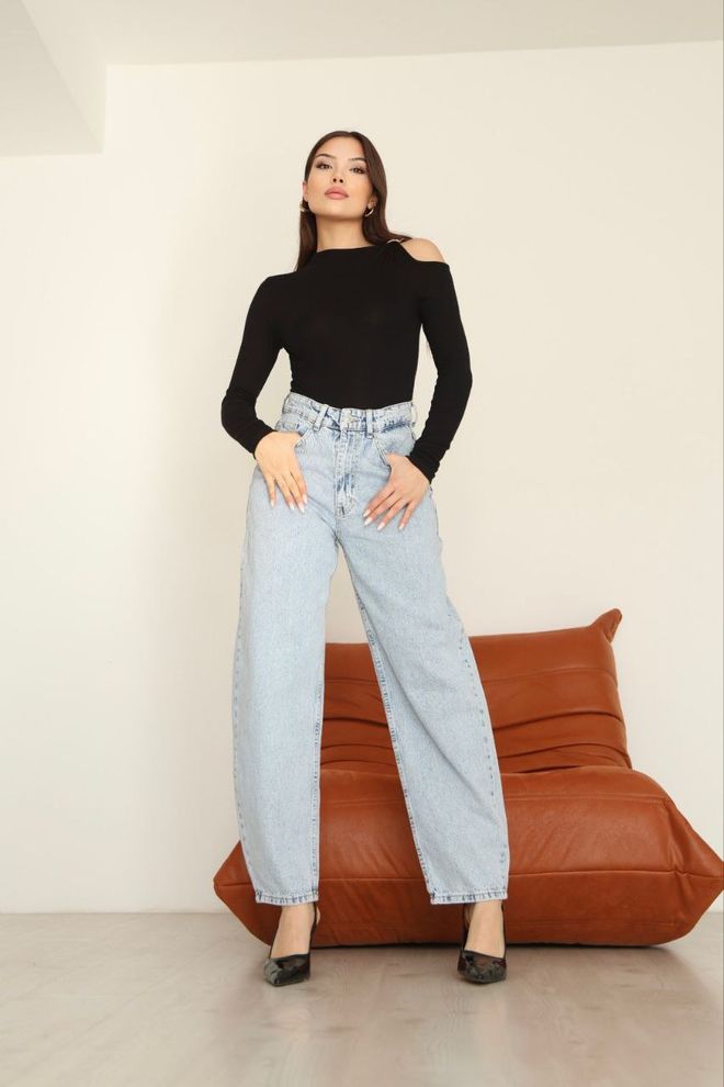 Fiori Jeans Blu Stile Mom Vita Alta Gamba Larga Abbigliamento all'ingrosso Casuale