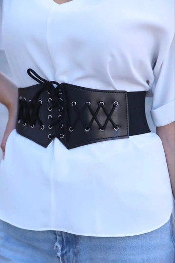 A wholesale clothing model wears  String Elastic Women's Corset Belt
, Turkish wholesale Belt of Fiori