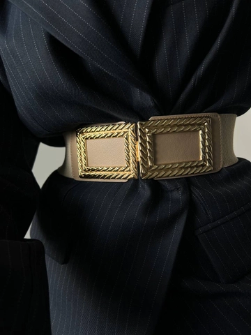 A wholesale clothing model wears  Elastic Women's Belt With Gold Buckle
, Turkish wholesale Belt of Fiori