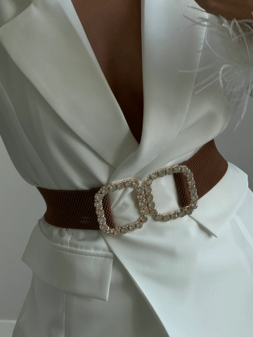 A wholesale clothing model wears  Women's Elastic Belt With Pearl Buckle
, Turkish wholesale Belt of Fiori