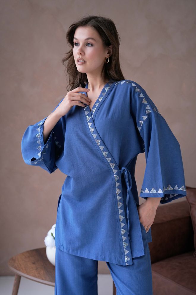 First Angels Indigo Linnen Met Borduurwerk En Pailletten Gedetailleerde Kimono En Broek Set Van Onder/top 29033 Groothandel Kleding Casual
