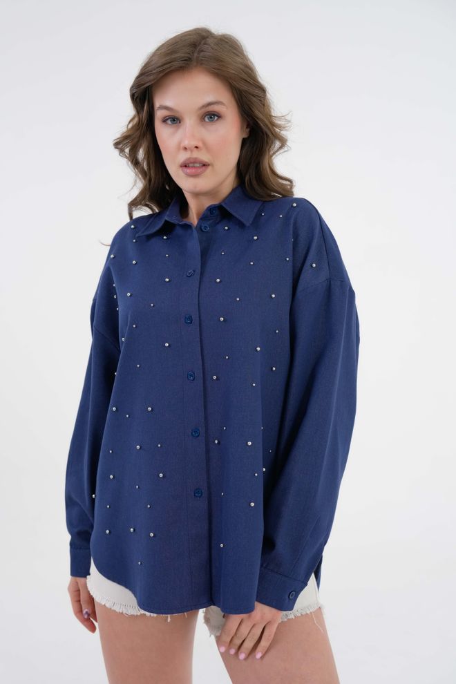 First Angels Lacivert İnci Taş Detaylı Kot Gömlek 29069 Toptan Giyim Gündelik