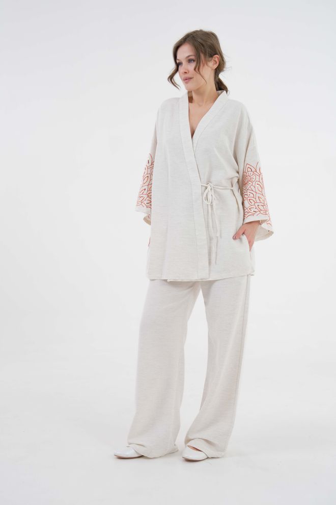 First Angels Natur Mouwen Pailletten Geborduurd Linnen Kimono jack En Broek Set Van Onder/top 29061 Groothandel Kleding Casual