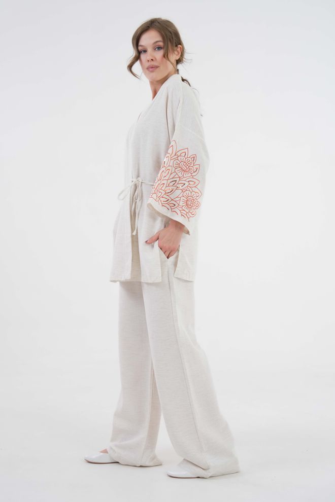 First Angels Natur Sleeves Sequin Sequin Embroidered Linen Kimono Jacket And Pants Bottom/Top Set 29061 Wholesale Clothing Viscose