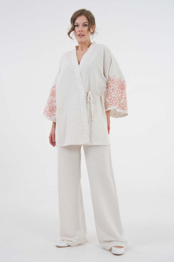 First Angels Natur Sleeves Sequin Sequin Embroidered Linen Kimono Jacket And Pants Bottom/Top Set 29061 Wholesale Clothing Beach