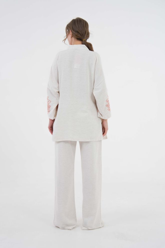 First Angels Natur Sleeves Sequin Sequin Embroidered Linen Kimono Jacket And Pants Bottom/Top Set 29061 Wholesale Clothing Summer