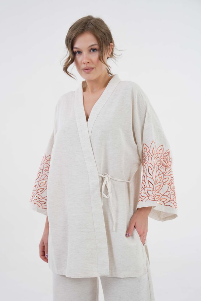 First Angels Natur Sleeves Sequin Sequin Embroidered Linen Kimono Jacket And Pants Bottom/Top Set 29061 Wholesale Clothing 4