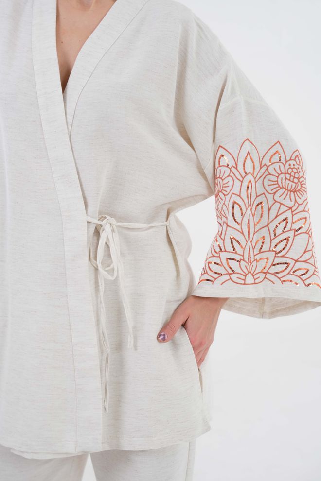 First Angels Natur Sleeves Sequin Sequin Embroidered Linen Kimono Jacket And Pants Bottom/Top Set 29061 Wholesale Clothing Cotton