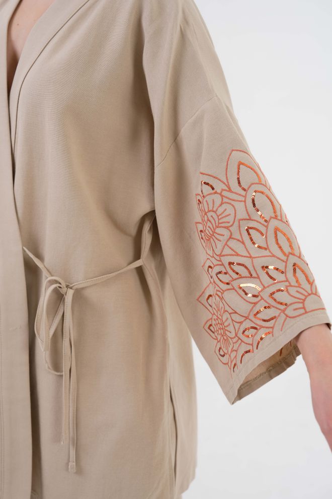 First Angels Mink Sleeves Sequin Sequin Embroidered Linen Kimono Jacket And Pants Bottom/Top Suit 29061 Wholesale Clothing Viscose