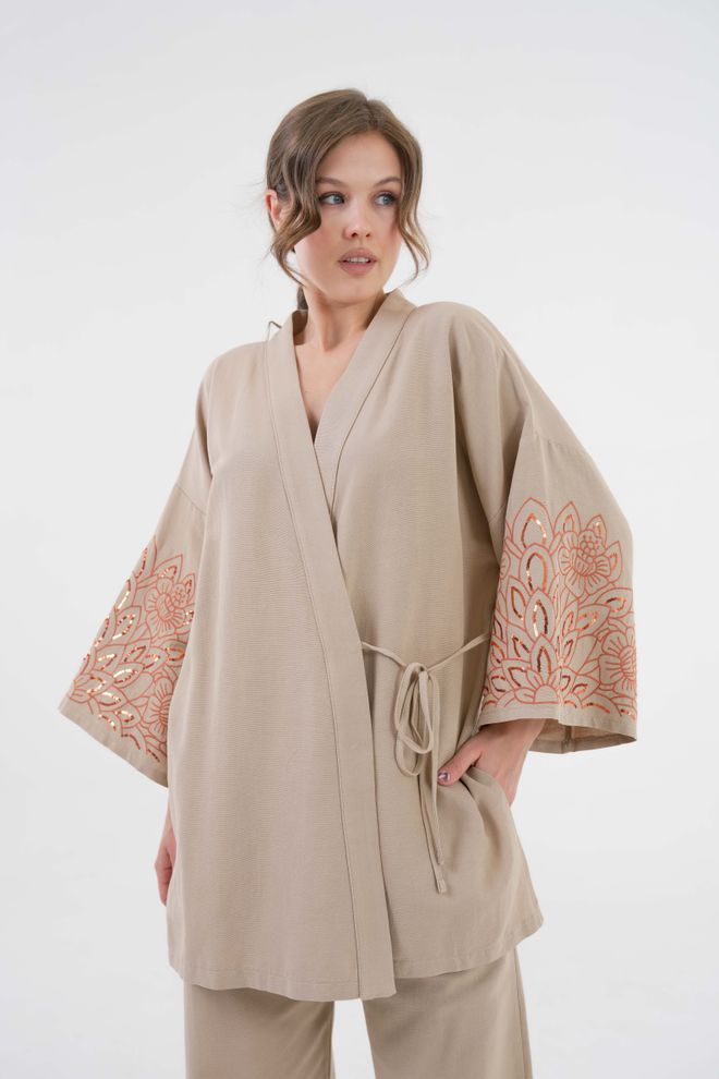 First Angels Kimono jack En Broek Met Nertsmouwen En Pailletten Geborduurd Linnen Onder /toppak 29061 Groothandel Kleding Casual