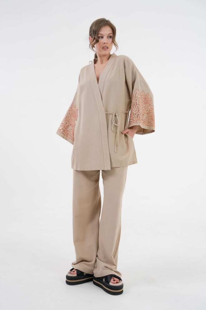 First Angels Mink Sleeves Sequin Sequin Embroidered Linen Kimono Jacket And Pants Bottom/Top Suit 29061 Wholesale Clothing Cotton