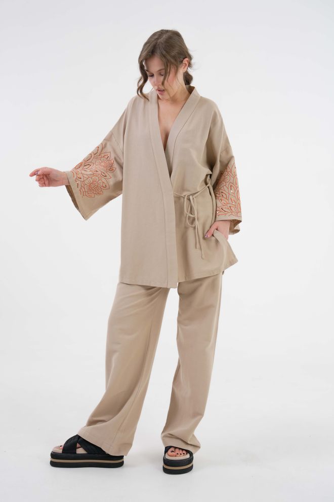 First Angels Mink Sleeves Sequin Sequin Embroidered Linen Kimono Jacket And Pants Bottom/Top Suit 29061 Wholesale Clothing Beach