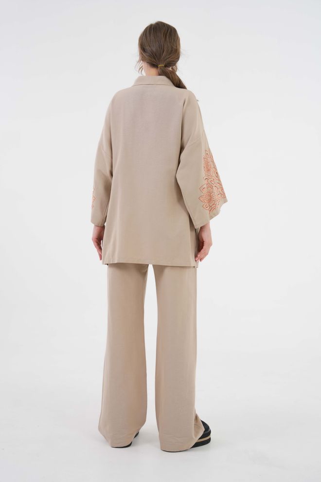 First Angels Mink Sleeves Sequin Sequin Embroidered Linen Kimono Jacket And Pants Bottom/Top Suit 29061 Wholesale Clothing Summer