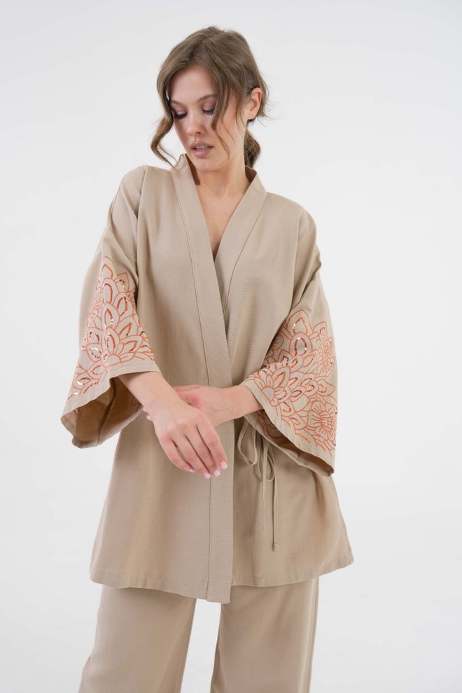 First Angels Mink Sleeves Sequin Sequin Embroidered Linen Kimono Jacket And Pants Bottom/Top Suit 29061 Wholesale Clothing 4