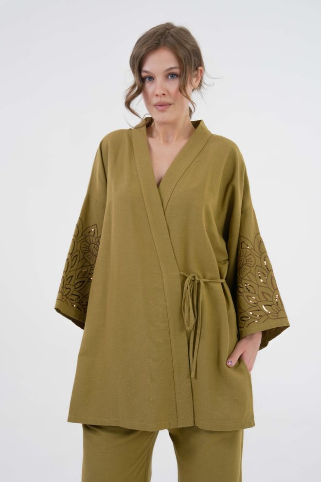 First Angels Oliegroene Mouwen Pailletten Geborduurd Linnen Kimono jack En Broek Onder /toppak 29061 Groothandel Kleding Casual