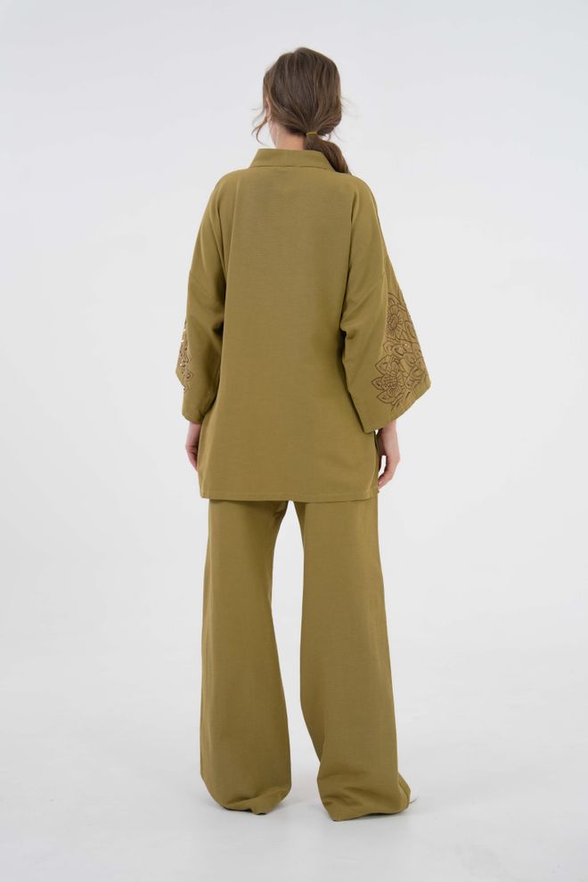 First Angels Oil Green Sleeves Sequin Sequin Embroidered Linen Kimono Jacket And Pants Bottom/Top Suit 29061 Wholesale Clothing Beach