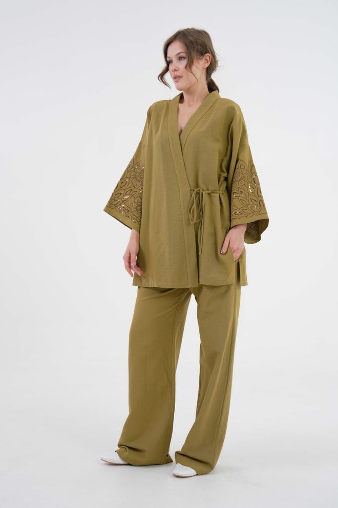 First Angels Oil Green Sleeves Sequin Sequin Embroidered Linen Kimono Jacket And Pants Bottom/Top Suit 29061 Wholesale Clothing Summer