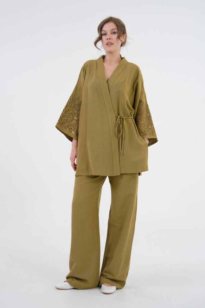 First Angels Oil Green Sleeves Sequin Sequin Embroidered Linen Kimono Jacket And Pants Bottom/Top Suit 29061 Wholesale Clothing 4