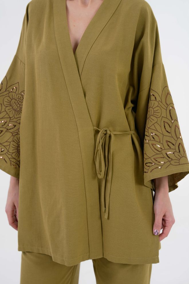 First Angels Oil Green Sleeves Sequin Sequin Embroidered Linen Kimono Jacket And Pants Bottom/Top Suit 29061 Wholesale Clothing Cotton