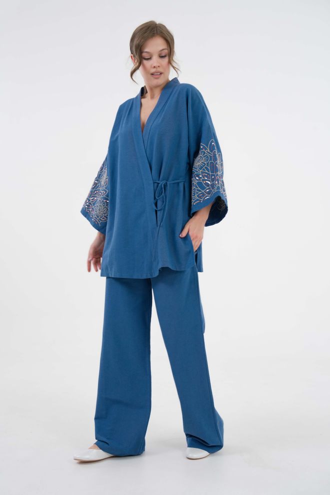 First Angels Indigo Sleeves Sequin Sequin Embroidered Linen Kimono Jacket And Pants Bottom/Top Suit 29061 Wholesale Clothing Viscose