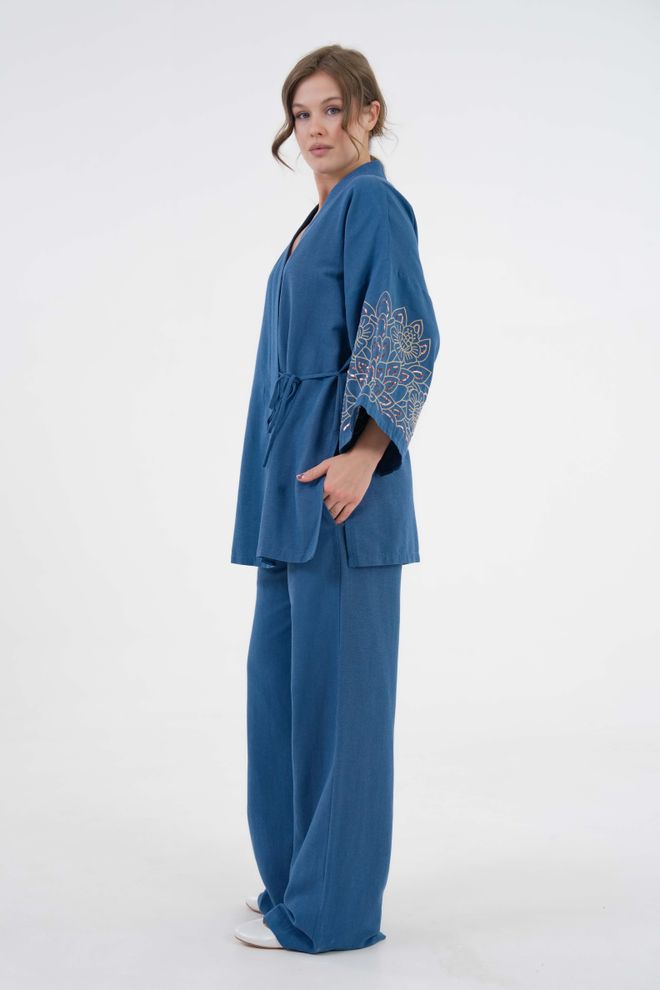 First Angels Indigo Sleeves Sequin Sequin Embroidered Linen Kimono Jacket And Pants Bottom/Top Suit 29061 Wholesale Clothing Beach