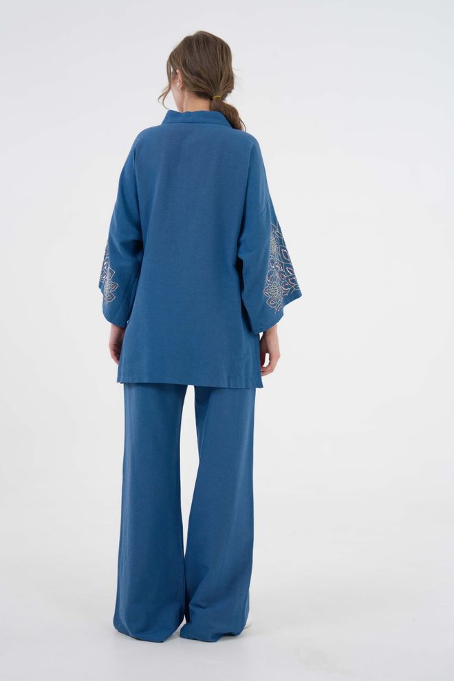 First Angels Indigo Sleeves Sequin Sequin Embroidered Linen Kimono Jacket And Pants Bottom/Top Suit 29061 Wholesale Clothing Summer