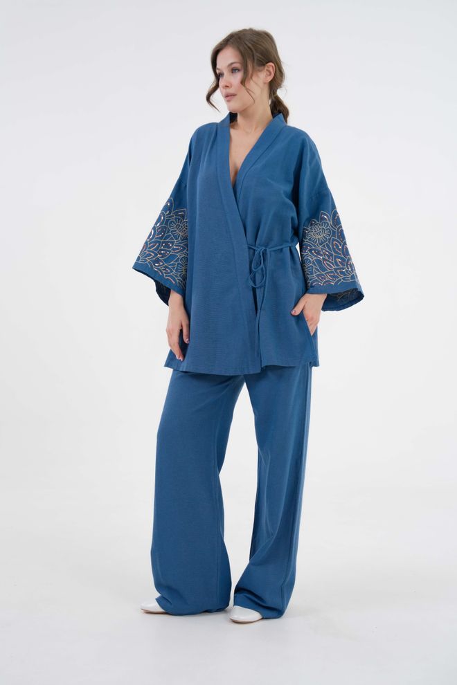 First Angels Indigo Sleeves Sequin Sequin Embroidered Linen Kimono Jacket And Pants Bottom/Top Suit 29061 Wholesale Clothing 4