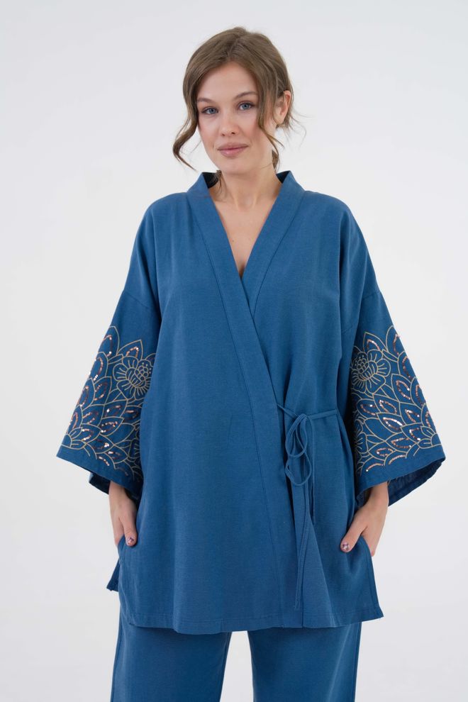 First Angels Indigo Sleeves Sequin Sequin Embroidered Linen Kimono Jacket And Pants Bottom/Top Suit 29061 Wholesale Clothing Cotton