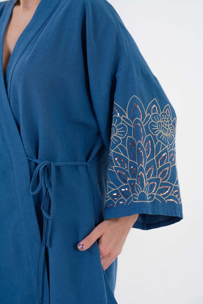 First Angels Indigo Sleeves Sequin Sequin Embroidered Linen Kimono Jacket And Pants Bottom/Top Suit 29061 Wholesale Clothing Lounge