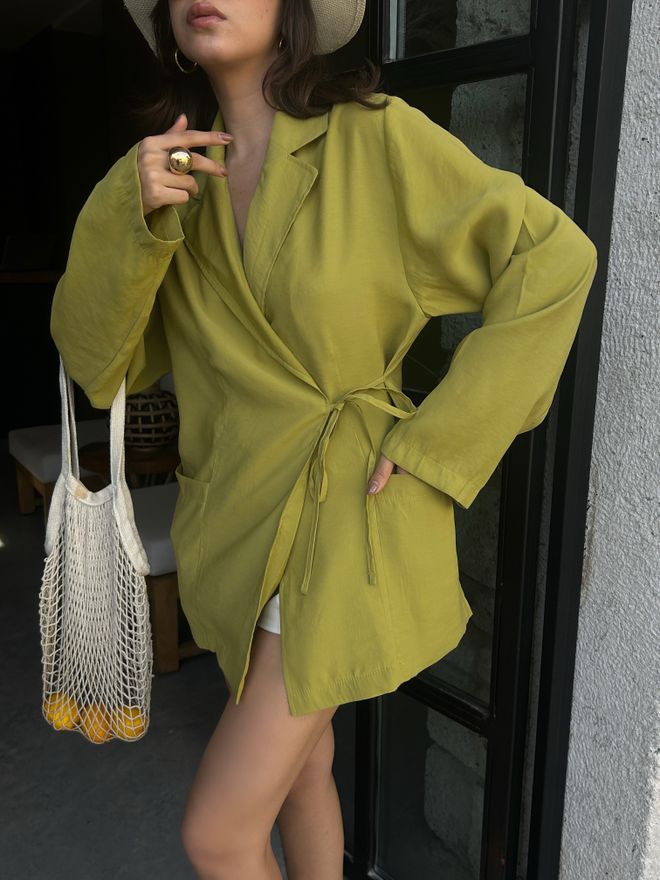 First Angels Chaqueta Extragrande Con Lazo De Tela 100% Modal Verde Aceite 29106 Ropa al por mayor Modal