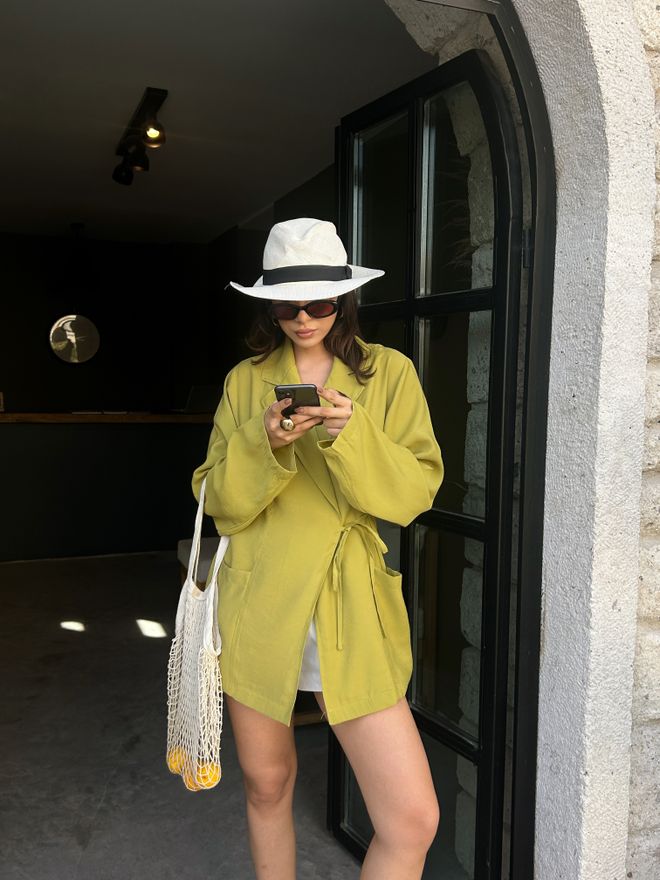 First Angels Chaqueta Extragrande Con Lazo De Tela 100% Modal Verde Aceite 29106 Ropa al por mayor Formal